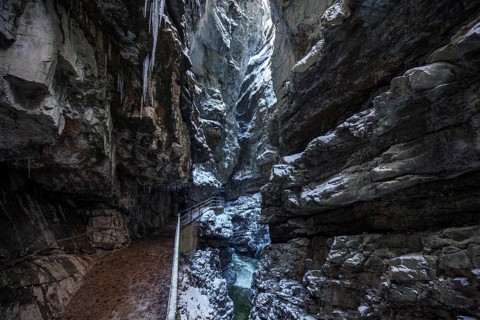 Winter, snowy landscape, river Breitach and hiking trail through the Breitachklamm gorge near