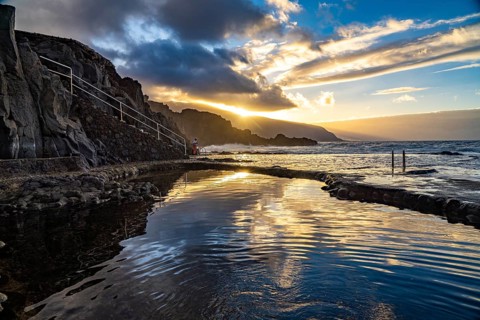 Sunset at the natural swimming pool La Maceta, El Hierro, Canary Islands, Spain, Europe