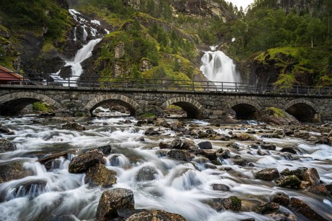Låtefossen waterfall with bridge, Latefossen, Odda, Vestland, Norway, Europe