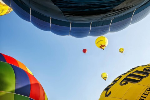 Several colourful hot air balloons rise into the air, view from below, mass launch, Hot Air Balloon