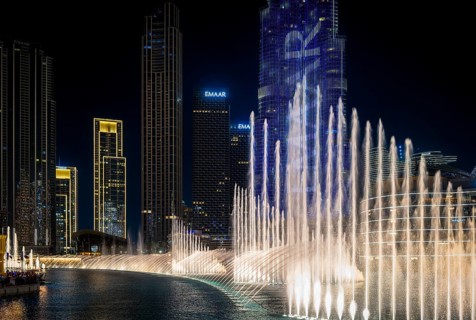 Night shot, water feature in Burj Khalifa Lake, Burk Khalifa, Downtown, Dubai, United Arab
