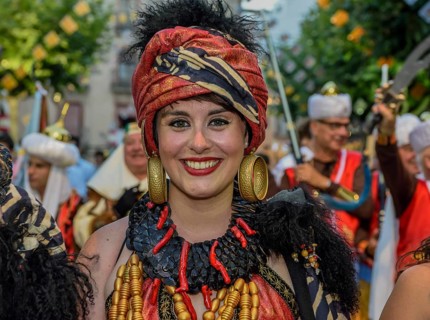 Woman in historic clothing, Moors and Christians Parade, Moros y Cristianos, Jijona or Xixona,