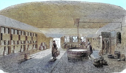 Model farm in Zealand in 1896, cheese cellar, Denmark, Historic, digitally restored reproduction of