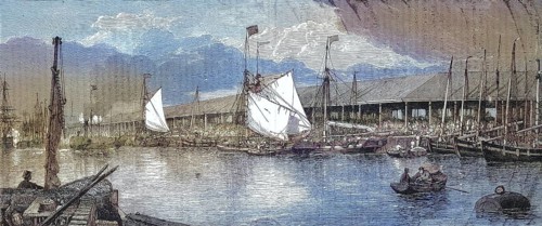The fish market in the fishing harbour of Yarmouth in 1868, England, Historic, digitally restored
