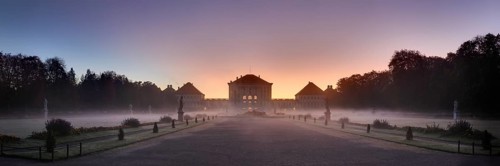 Panorama, dawn with ground fog in Nymphenburg Park with Nymphenburg Palace, Munich, Bavaria,