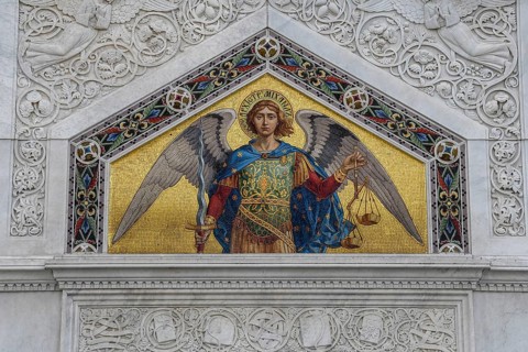Mosaic on the facade of the Church of the Trinity and St. Spyridon, Serbian Orthodox Church,
