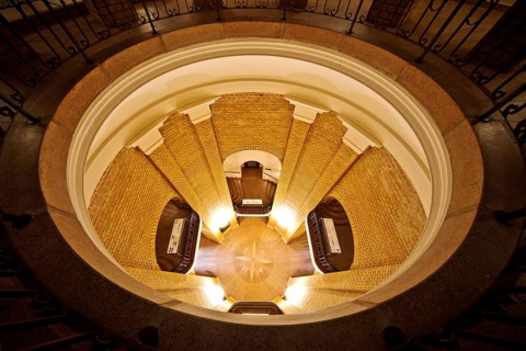 Interior photograph, view from top to bottom, bell tower, French Cathedral, Gendarmenmarkt, Berlin,