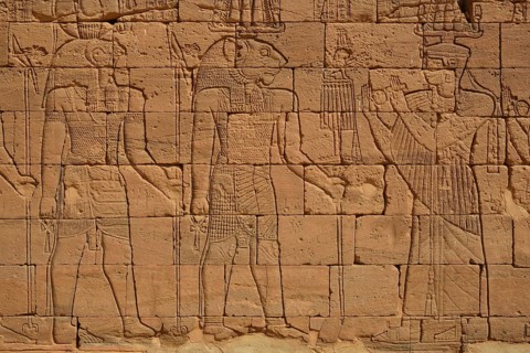 Relief of a procession with the deities Apedemak and Horus at the Lion Temple for the lion-deity