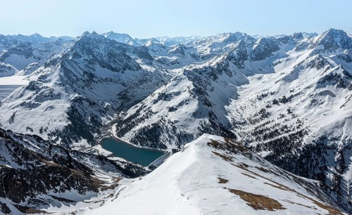 Reservoir, peaks and mountains in winter, Sellraintal, Stubai Alps, Kühtai, Tyrol, Austria, Europe