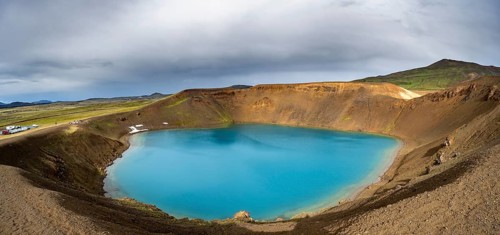 Volcanic crater with blue lake, volcanic lake, crater lake Viti at the central volcano Krafla,