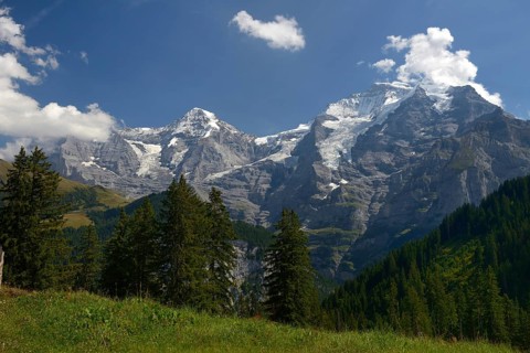 View of the Eiger, Mönch and Jungfrau, mountains in the Bernese Oberland, Canton Bern, Switzerland,
