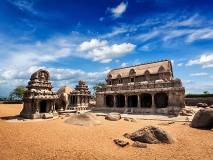 Five Rathas, ancient Hindu monolithic Indian rock-cut architecture. Mahabalipuram, Tamil Nadu,