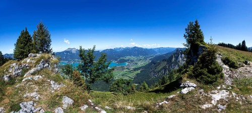 View from the summit of the Bleckwand to the Wolfgangsee, Osterhorngruppe, Salzkammergut, Land