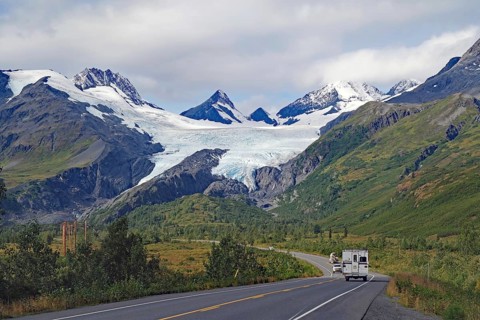 Snow-capped mountains and glaciers, highway with camper, autumn, Valdez, Richardson Highway,