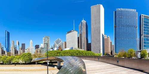 Chicago skyline skyscrapers skyscrapers and BP Pedestrian Bridge bridge skyscraper panorama in