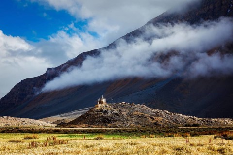 Small Buddhist gompa in Spiti Valley in Himalayas. Himachal Pradesh, India, Asia