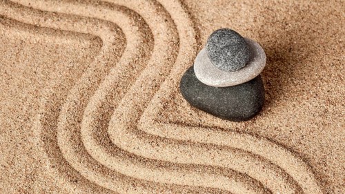 Japanese Zen stone garden, relaxation, meditation, simplicity and balance concept, panorama of