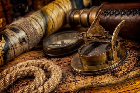 Travel geography navigation concept background, old vintage retro compass with sundial, spyglass