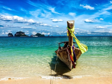 Long tail boat on tropical beach, Krabi, Thailand, Asia