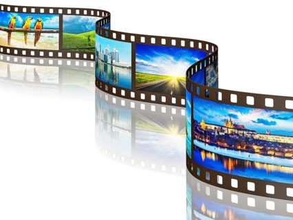 Global travel world countries concept, photo film with travel images with reflection on white