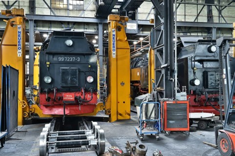 Steam locomotives of the Harz narrow gauge railway for maintenance in the workshop, Wernigerode,