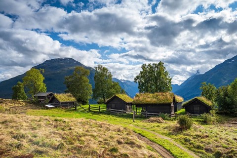 Traditional mountain huts on the mountain Årheimsfjellet, Loen, Stryn, Norway, Europe