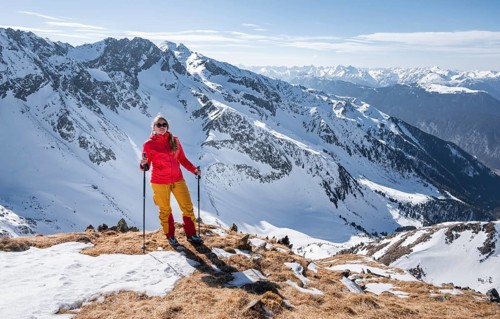 Ski tourers at the summit of the Mitterzeigerkogel in winter, Sellraintal, Kühtai, Tyrol, Austria,