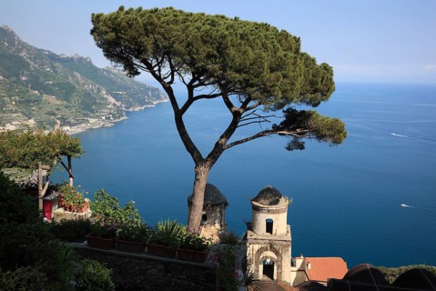 View from Villa Rufolo of the Gulf of Salerno and the towers of the Church of Chiese dell