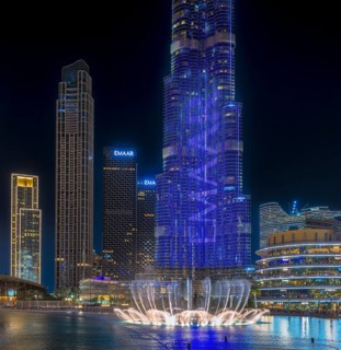Night shot, water feature in Burj Khalifa Lake, Burk Khalifa, Downtown, Dubai, United Arab