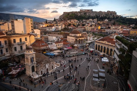 View over the old town of Athens, with Panagia Pantanassa Church, Tzisdarakis Mosque and Acropolis,