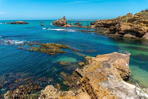 Coast of Plage du Port Vieux on a summer afternoon. Municipality of Biarritz, department of the