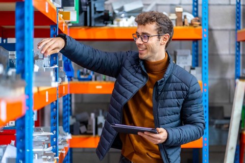 Proud engineer in the stock room of a cnc factory using tablet and smiling