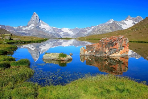 Matterhorn and mountain lake, Stellisee, Valais, Switzerland, Europe