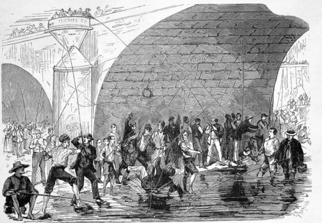 The Anglers at the Bottom of Pont Neuf in Ligne, 1869, France, Historic, digitally restored
