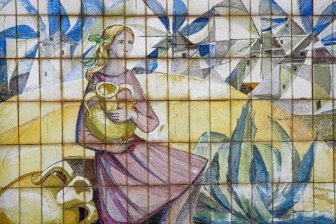 Painted wall tiles with mill motif on the castle hill, Cartagena, Region of Murcia, Spain, Europe