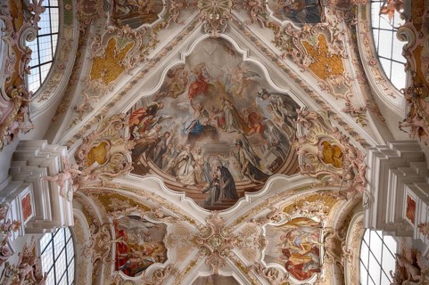 Interior photograph of ceiling frescoes, ceiling painting, monastery basilica, monastery church,