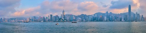 HONG KONG, CHINA, APRIL 28, 2018: Hong Kong skyline cityscape downtown skyscrapers over Victoria