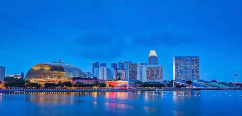 Singapore skyline panorama at Marina Bay in the evening