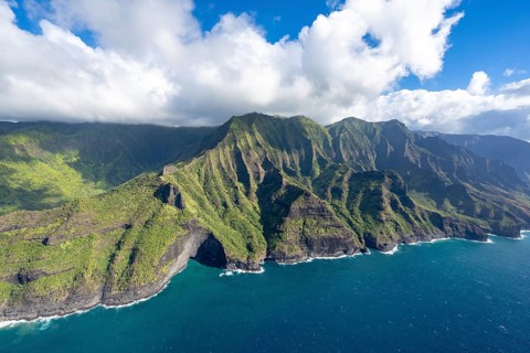Aerial view Waiahuakua Sea Cave, Napali Coast, Kauai, Hawaii, USA, North America