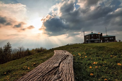 Simple bench in a meadow, illuminated by evening sun, sunbeams behind thunderclouds, mountain top