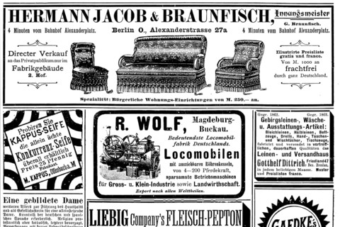 Various advertisements, Hermann Jacob & Braunfisch furniture, Locomobile, Kappus soap, mountain
