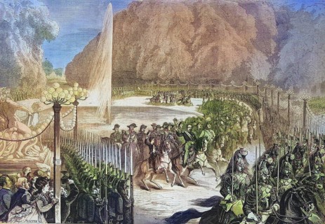 Grand Revue on 14 August, the Emperor followed by his General Staff crossing the Tuileries Gardens,