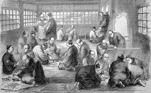 Art school, men in a painting school in Japan in 1869, Historic, digitally restored reproduction of