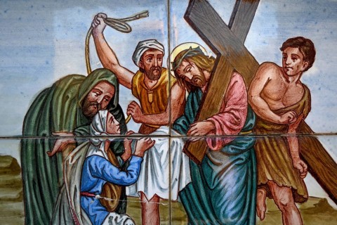 Painted wall tiles of the Passion of Christ at the Way of the Cross in Guadalest, Alicante