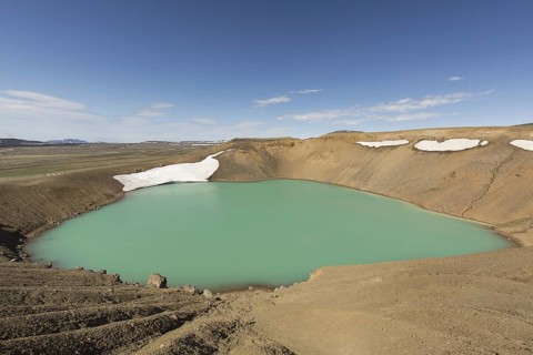 Lake Myvatn inside crater Víti, part of Krafla, volcanic caldera in the Myvatn Geothermal Area in