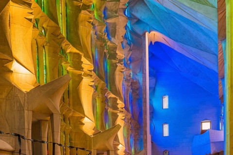 Interior view of the Familia Sagrada by the architect Antonio Gaudi in Barcelona, Spain, Europe