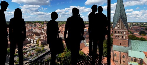 View of the old town from the historic water tower, visitors silhouetted in front, Lüneburg,