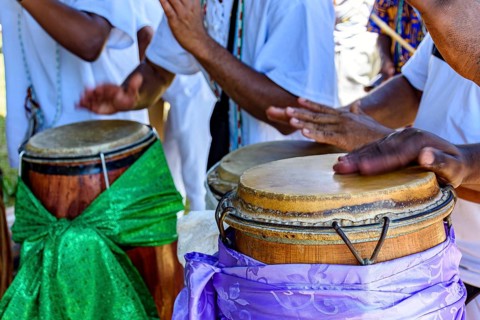 Decorated drums during a religious ceremony of Umbanda, Brazil, South America