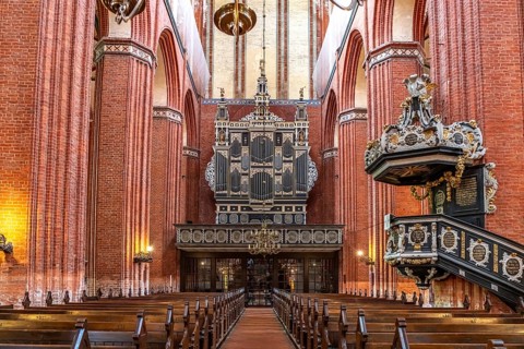 Interior and organ of St Nicholas' Church in the Hanseatic city of Wismar, Mecklenburg-Western