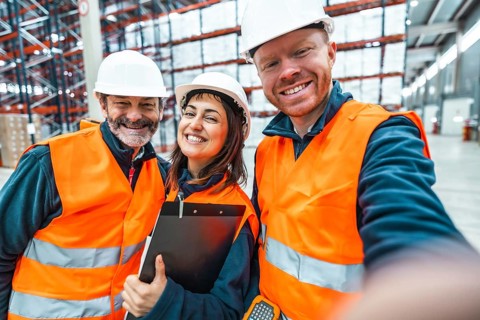 Warehouse workers smiling and capturing a selfie together inside a bustling logistics center,